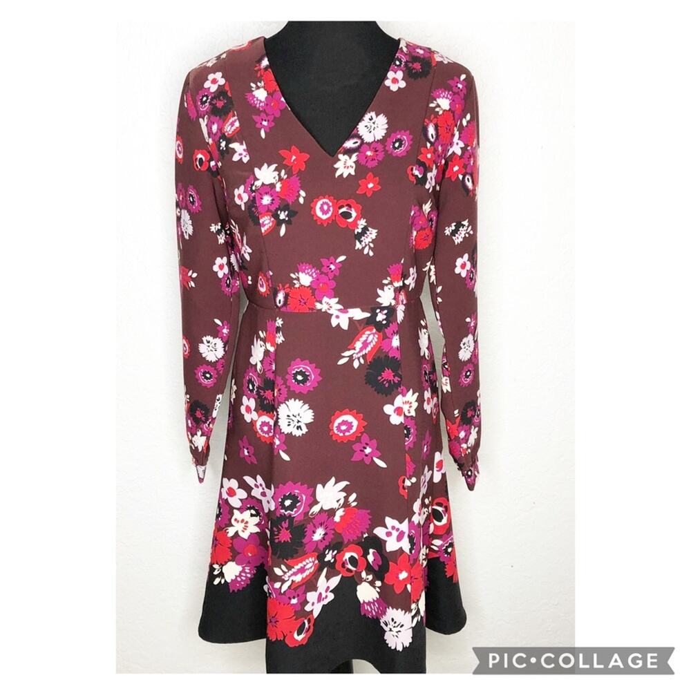 Ann‎ Taylor Factory maroon black white red floral v neck dress size 4